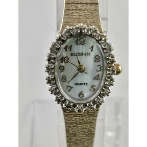 Vintage Elgin II Ladies Quartz 10 Diamond 10k GP Mother Of Pearl Dial Watch Runs